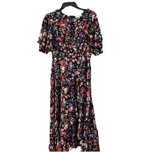 Calvin Klein Women's Sheer No Lining Floral Print Short Sleeve Ruffle Hi/low Sz4